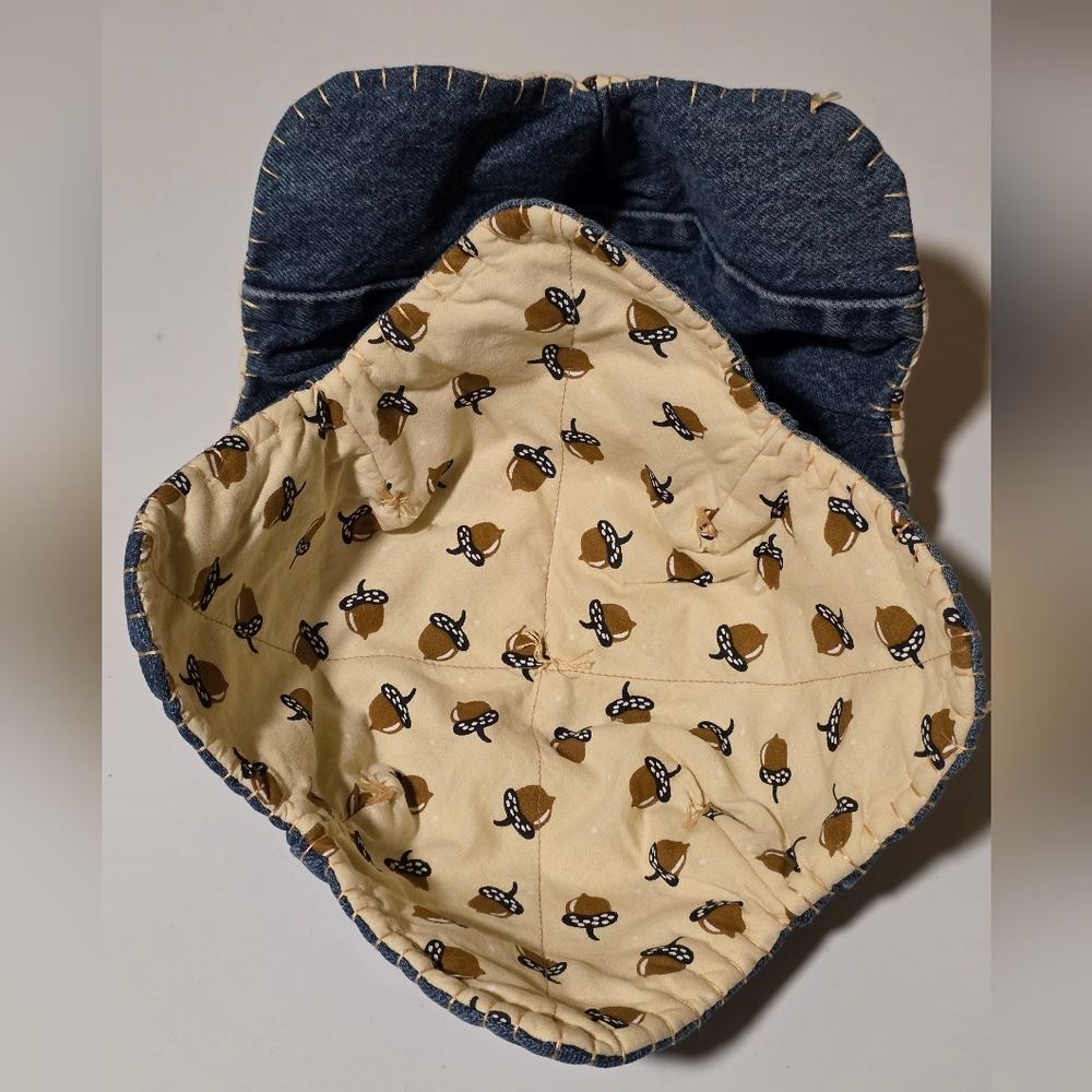 Brown Acorns On Tan Print 2 Cozies Upcycled Blue Denim Jeans Hand Crafted LG